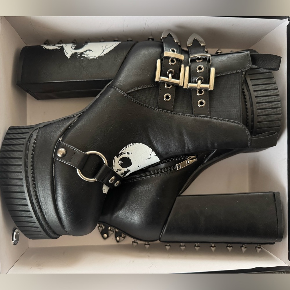 Alternative Black Skull Platform Heeled Boots with Buckle and Spike Detail
